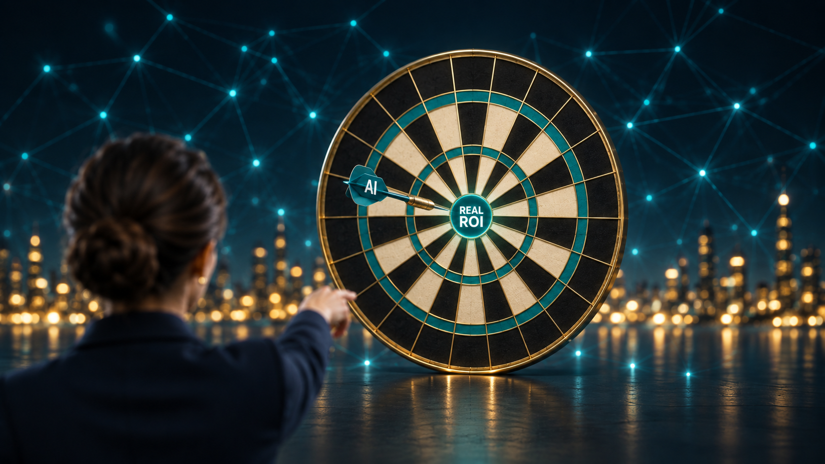 A dart labelled AI hitting the bullseye labelled Real ROI